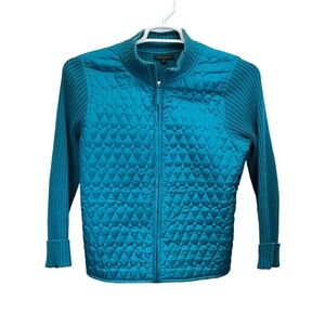 Vintage For Cynthia Petite Women's Teal Quilted Knit Zip Sweater Jacket Size PL
